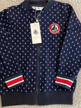 Petit Bateau Navy Zip Knit Cardigan Jacket with Red and White Sailboat Print